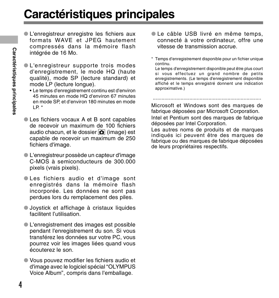 Olympus W-10 manual Caractéristiques principales, Caracté ristiques principales 