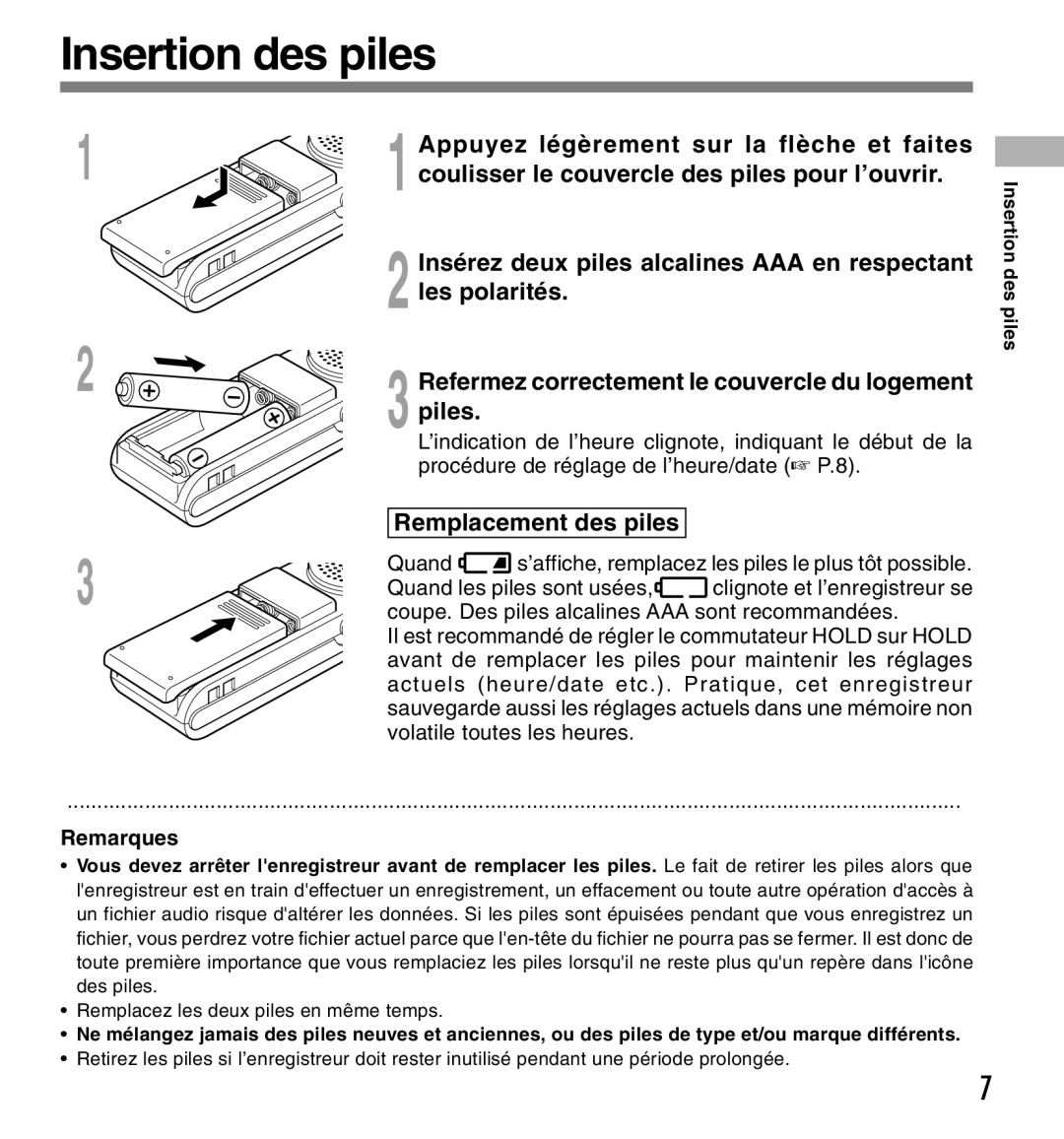 Olympus W-10 manual Insertion des piles, Appuyez légèrement sur la flèche et faites, Remplacement des piles 