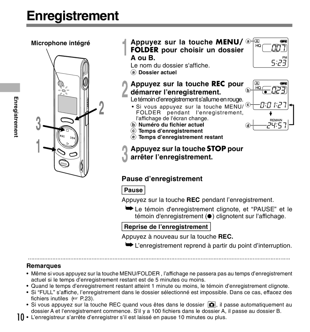 Olympus W-10 manual Enregistrement, Appuyez sur la touche REC pour démarrer l’enregistrement, Microphone intégré 