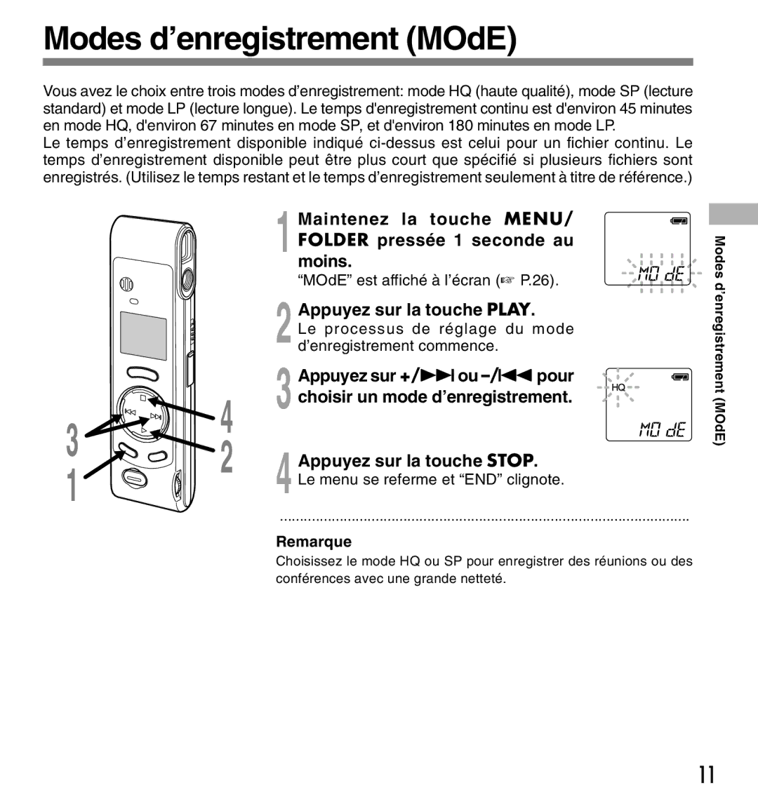 Olympus W-10 manual Modes d’enregistrement MOdE, Appuyez sur +/ 9ou -/ 0pour 