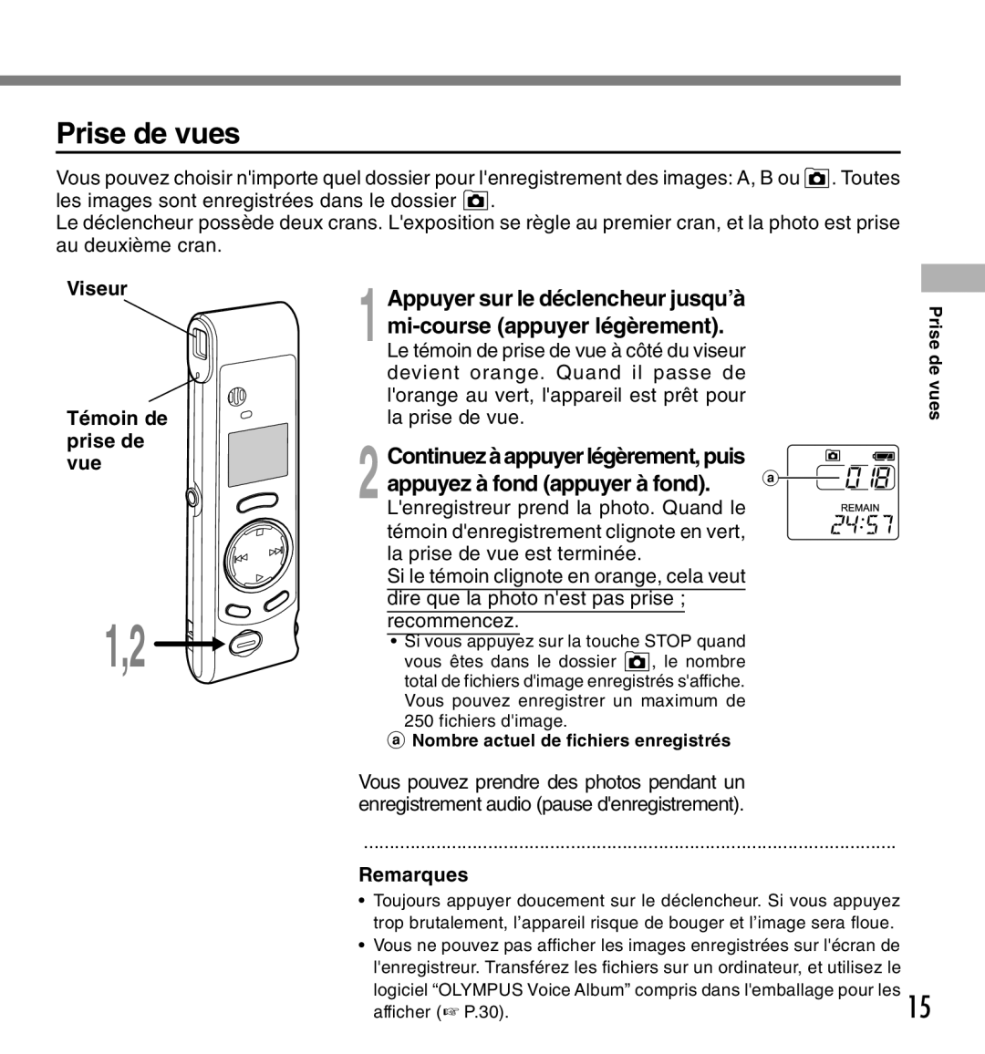 Olympus W-10 manual Viseur Témoin de prise de vue, Nombre actuel de fichiers enregistrés Prise de vues 