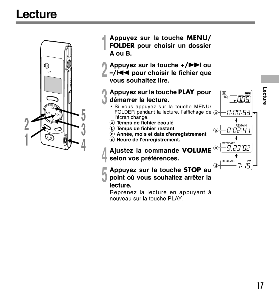 Olympus W-10 manual Lecture, Ajustez la commande Volume c, Selon vos préférences Appuyez sur la touche Stop au 