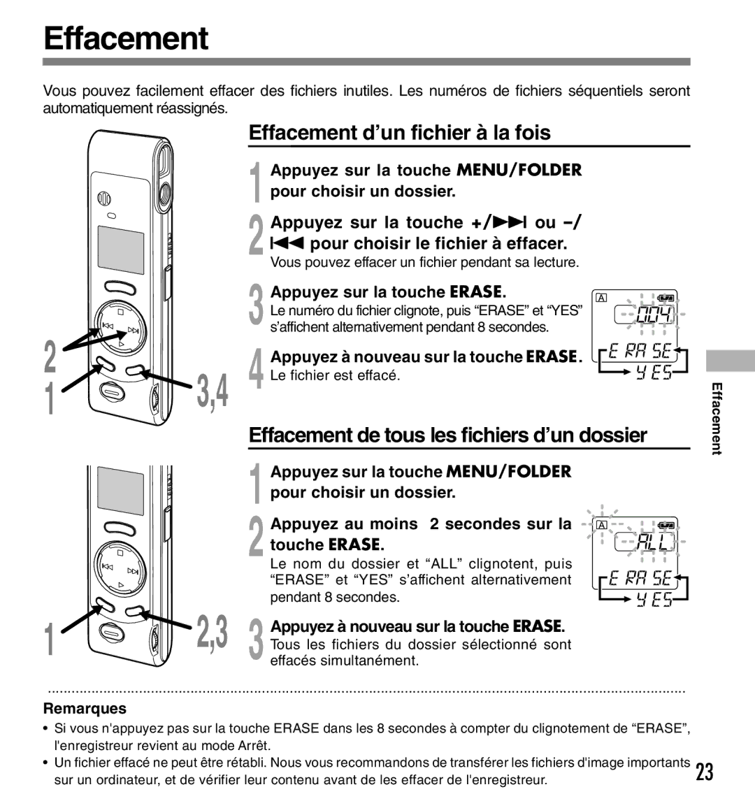 Olympus W-10 manual Effacement, Appuyez sur la touche MENU/FOLDER pour choisir un dossier, Appuyez sur la touche Erase 