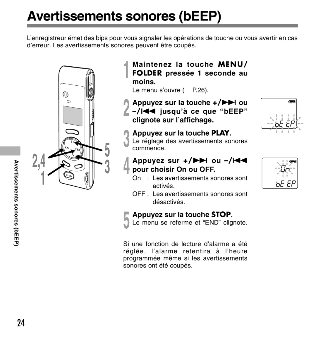 Olympus W-10 manual Avertissements sonores bEEP, Appuyez sur +/ 9 ou, Pour choisir On ou OFF 