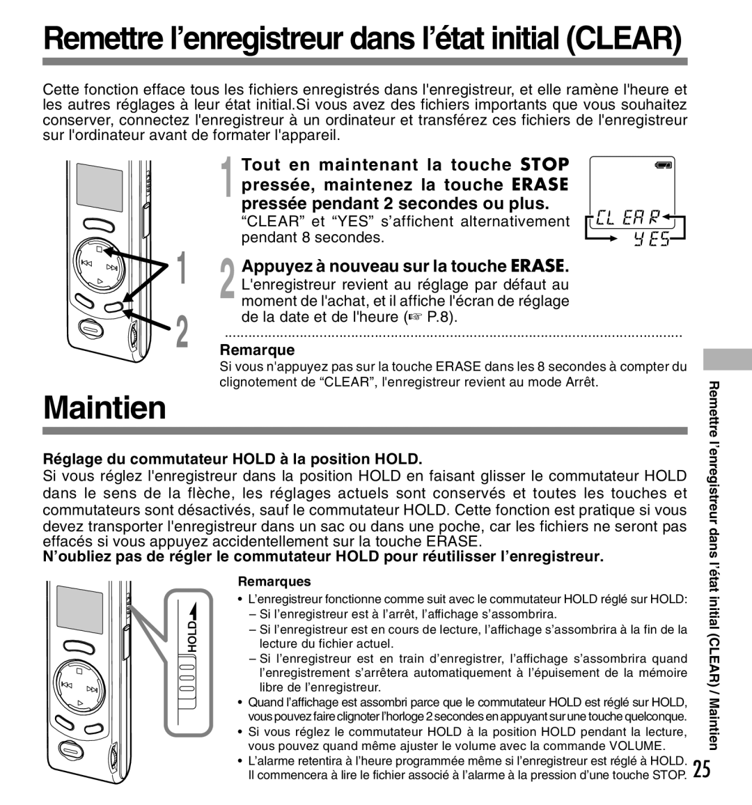 Olympus W-10 manual Maintien, Tout en maintenant la touche Stop, Pressée, maintenez la touche Erase 