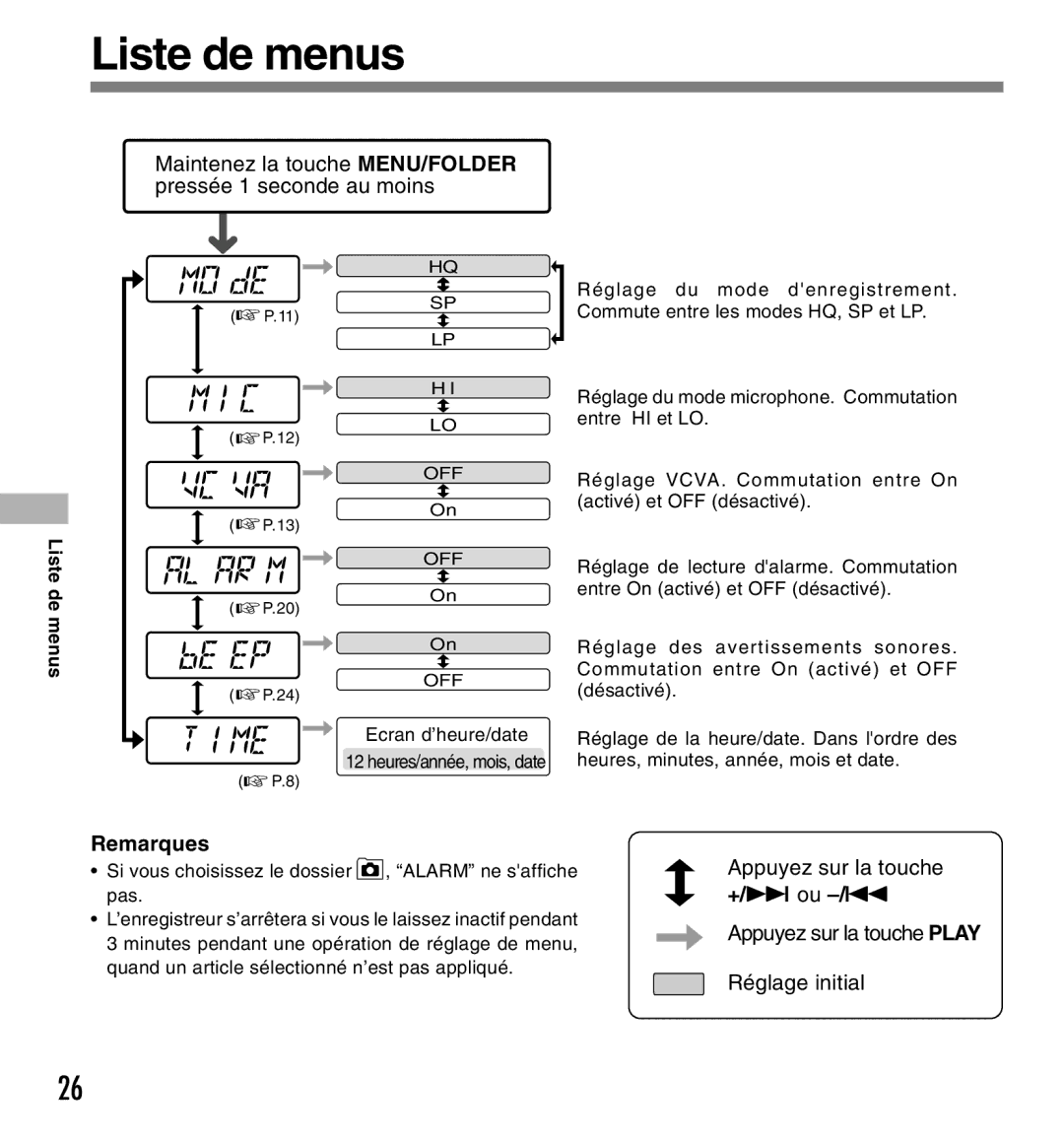 Olympus W-10 Liste de menus, Maintenez la touche MENU/FOLDER pressée 1 seconde au moins, Appuyez sur la touche, +/9 ou -/0 