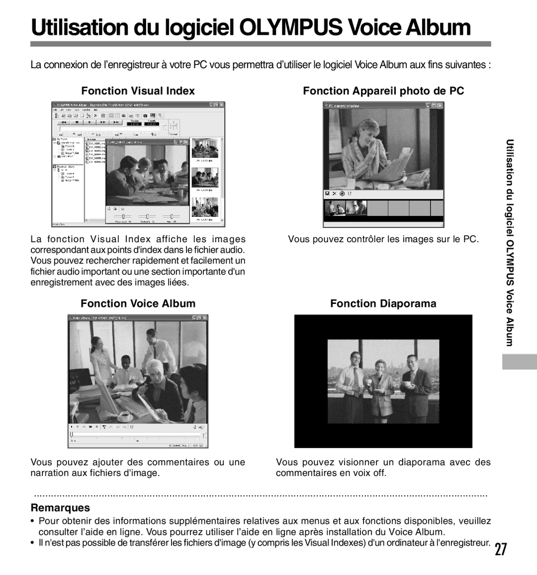 Olympus W-10 manual Fonction Visual Index, Fonction Voice Album, Utilisation du logiciel OL Ympus Voice Album 