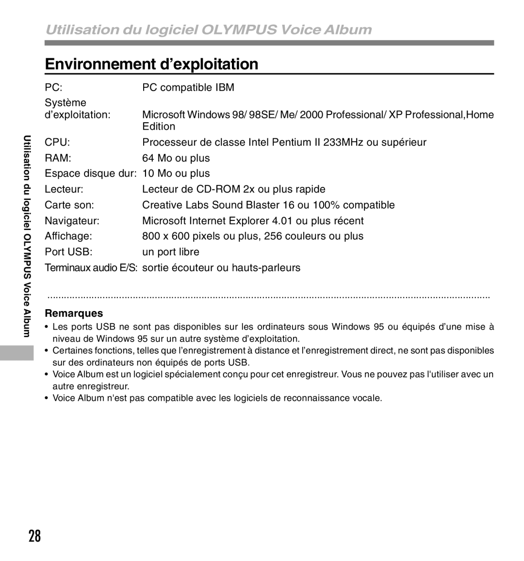 Olympus W-10 manual Environnement d’exploitation 