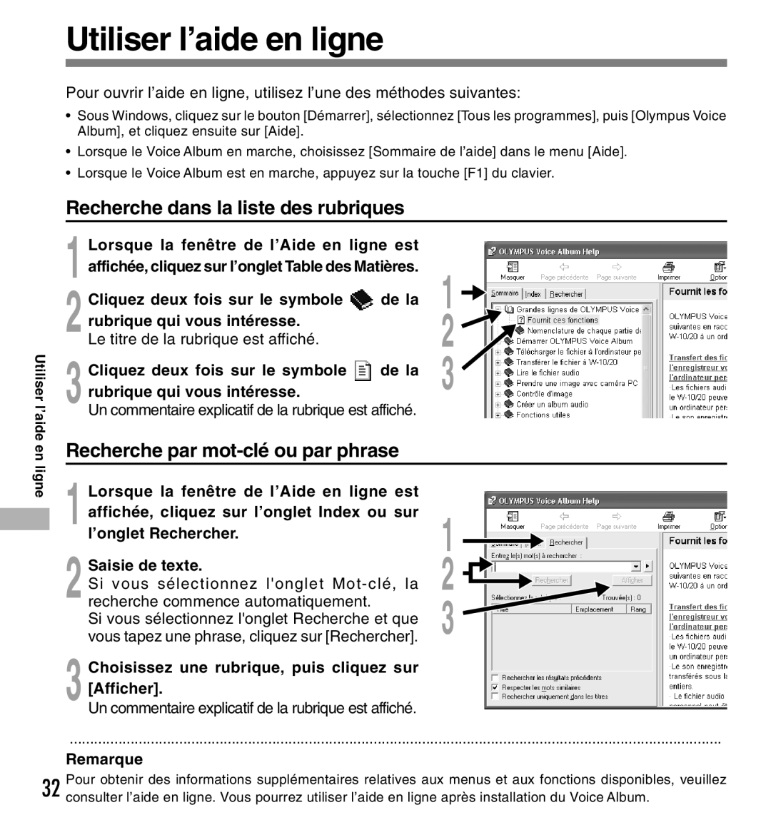 Olympus W-10 Utiliser l’aide en ligne, Lorsque la fenêtre de l’Aide en ligne est, ’onglet Rechercher, Saisie de texte 