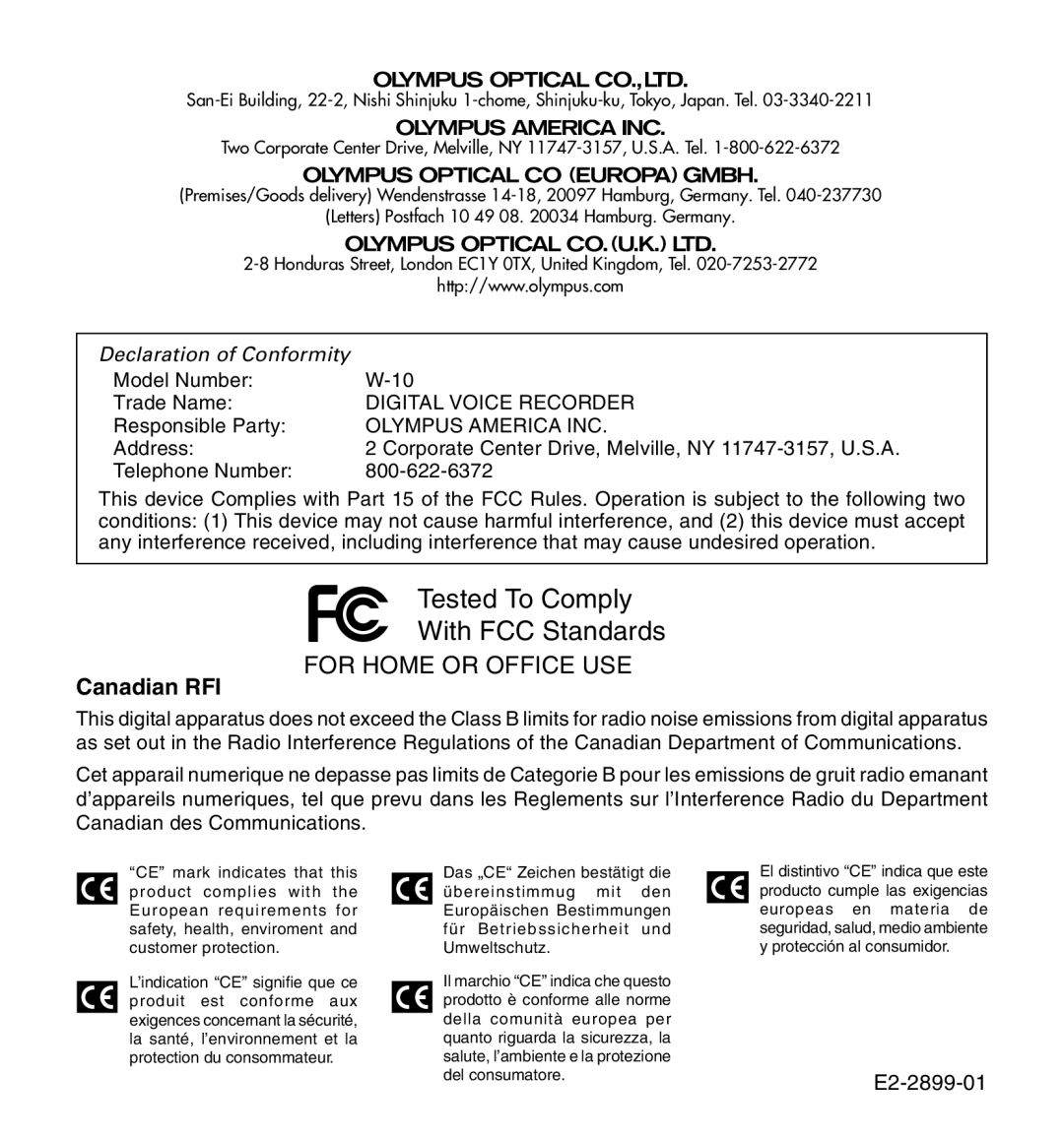 Olympus W-10 manual Canadian RFI, E2-2899-01 