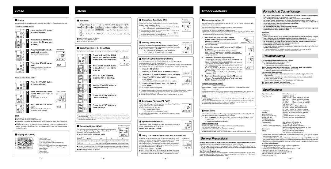 Olympus WS-200S Erasing, Menu List, Microphone Sensitivity MIC, Connecting to Your PC, Basic Operation of the Menu Mode 