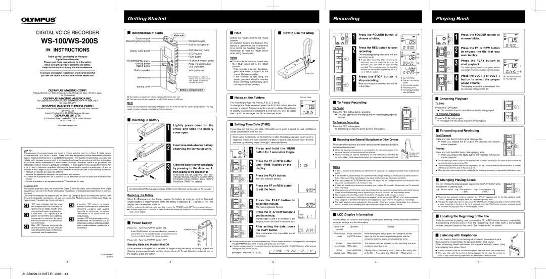 Olympus WS-100, WS-200S manual Identification of Parts, Hold, How to Use the Strap, Canceling Playback, To Pause Recording 