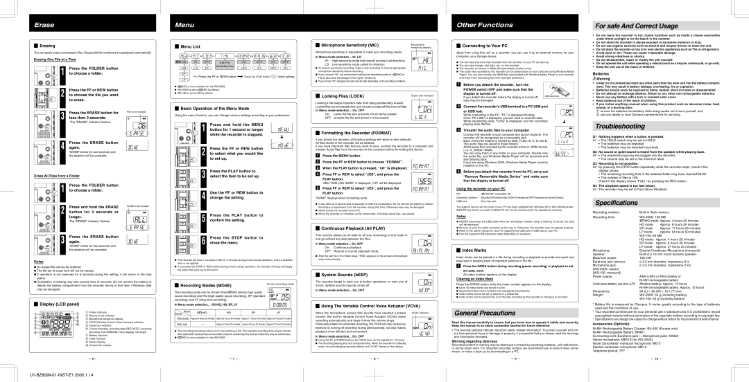 Olympus WS-200S Erasing, Menu List, Microphone Sensitivity MIC, Connecting to Your PC, Basic Operation of the Menu Mode 