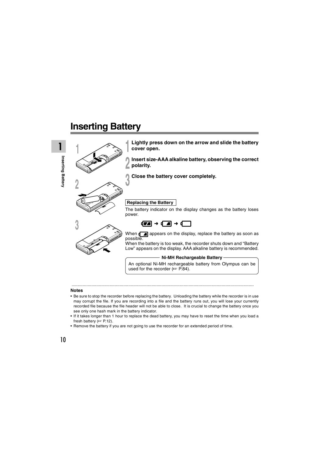 Olympus WS-300M, WS-320M, WS-310M manual Inserting Battery, Replacing the Battery, Ni-MH Rechargeable Battery 