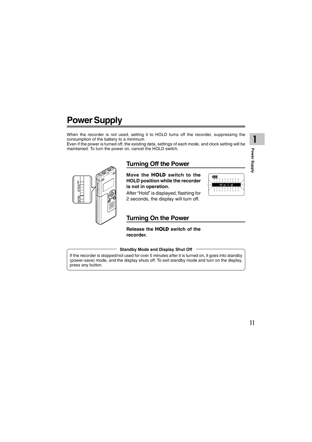 Olympus WS-310M manual Power Supply, Turning Off the Power, Turning On the Power, Release the Hold switch of the recorder 