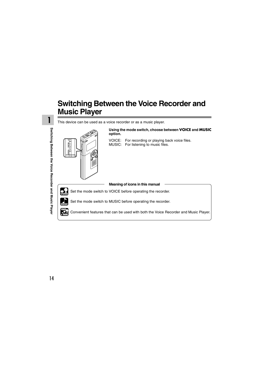 Olympus WS-310M, WS-320M, WS-300M Switching Between the Voice Recorder and Music Player, Meaning of icons in this manual 