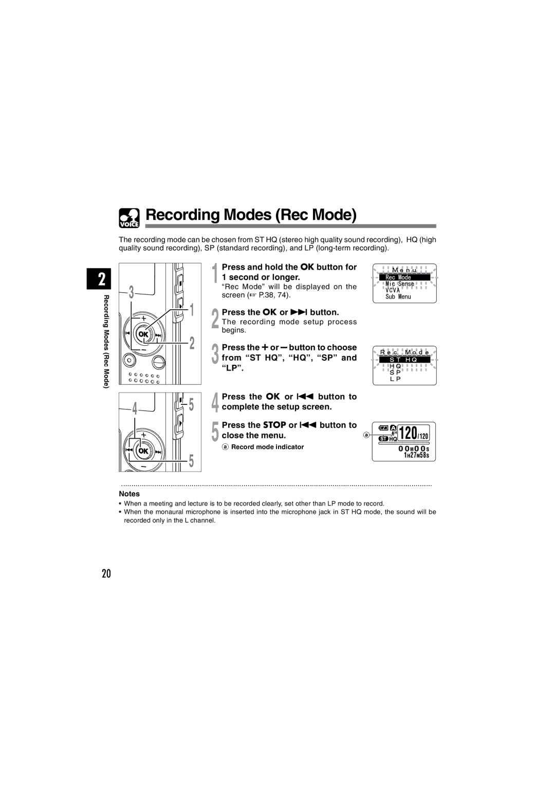 Olympus WS-310M, WS-320M, WS-300M manual Recording Modes Rec Mode, Record mode indicator 