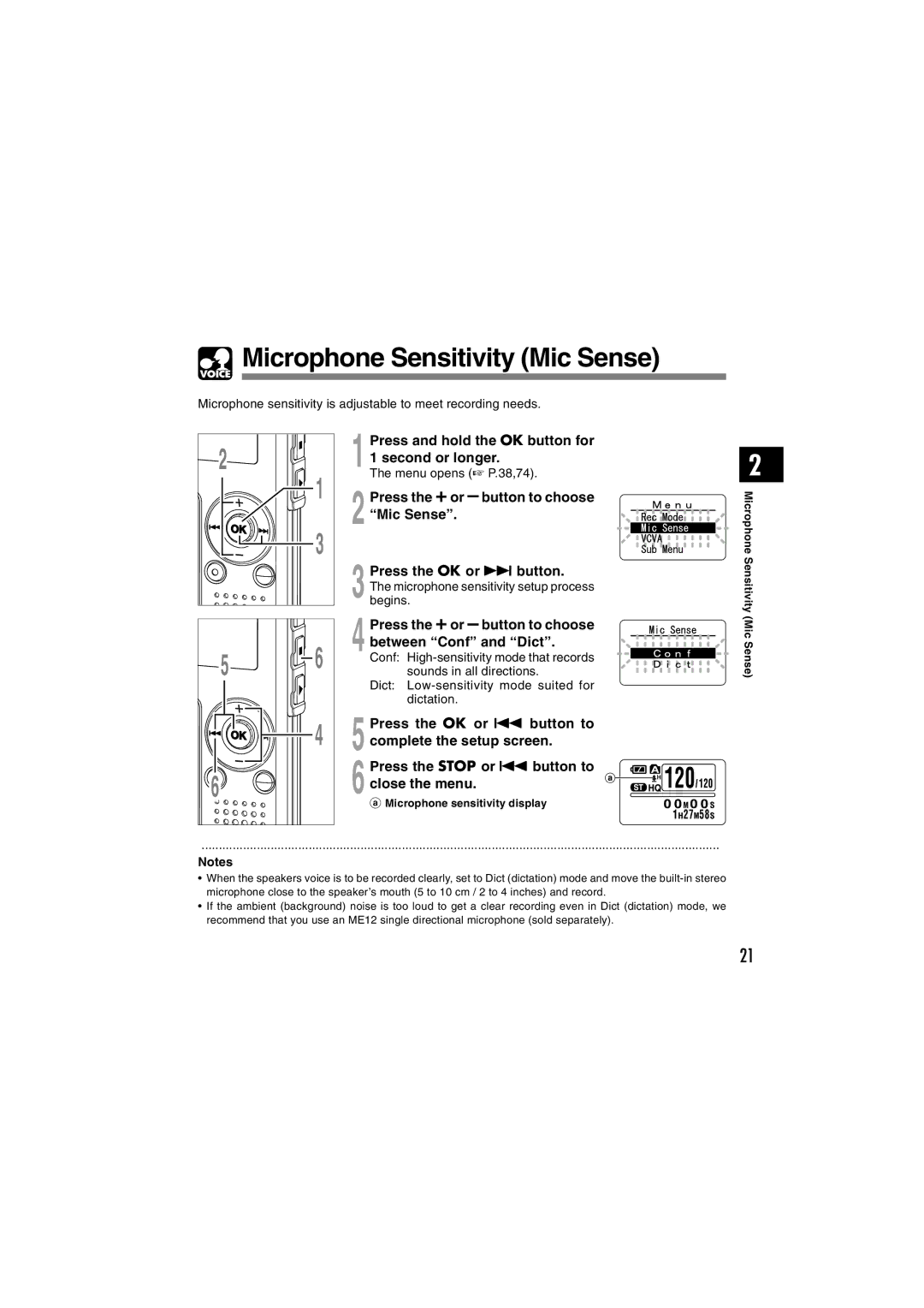 Olympus WS-320M, WS-300M, WS-310M manual Microphone Sensitivity Mic Sense 