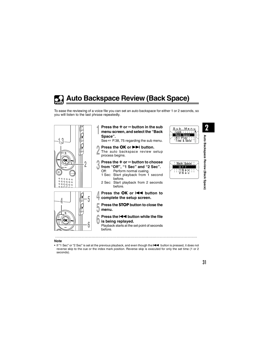 Olympus WS-300M, WS-320M, WS-310M manual Auto Backspace Review Back Space 