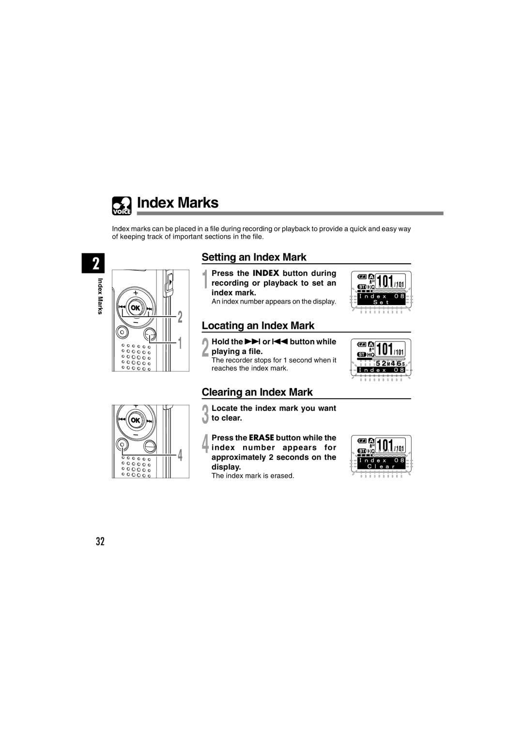 Olympus WS-310M, WS-320M, WS-300M manual Index Marks, Setting an Index Mark, Locating an Index Mark, Clearing an Index Mark 