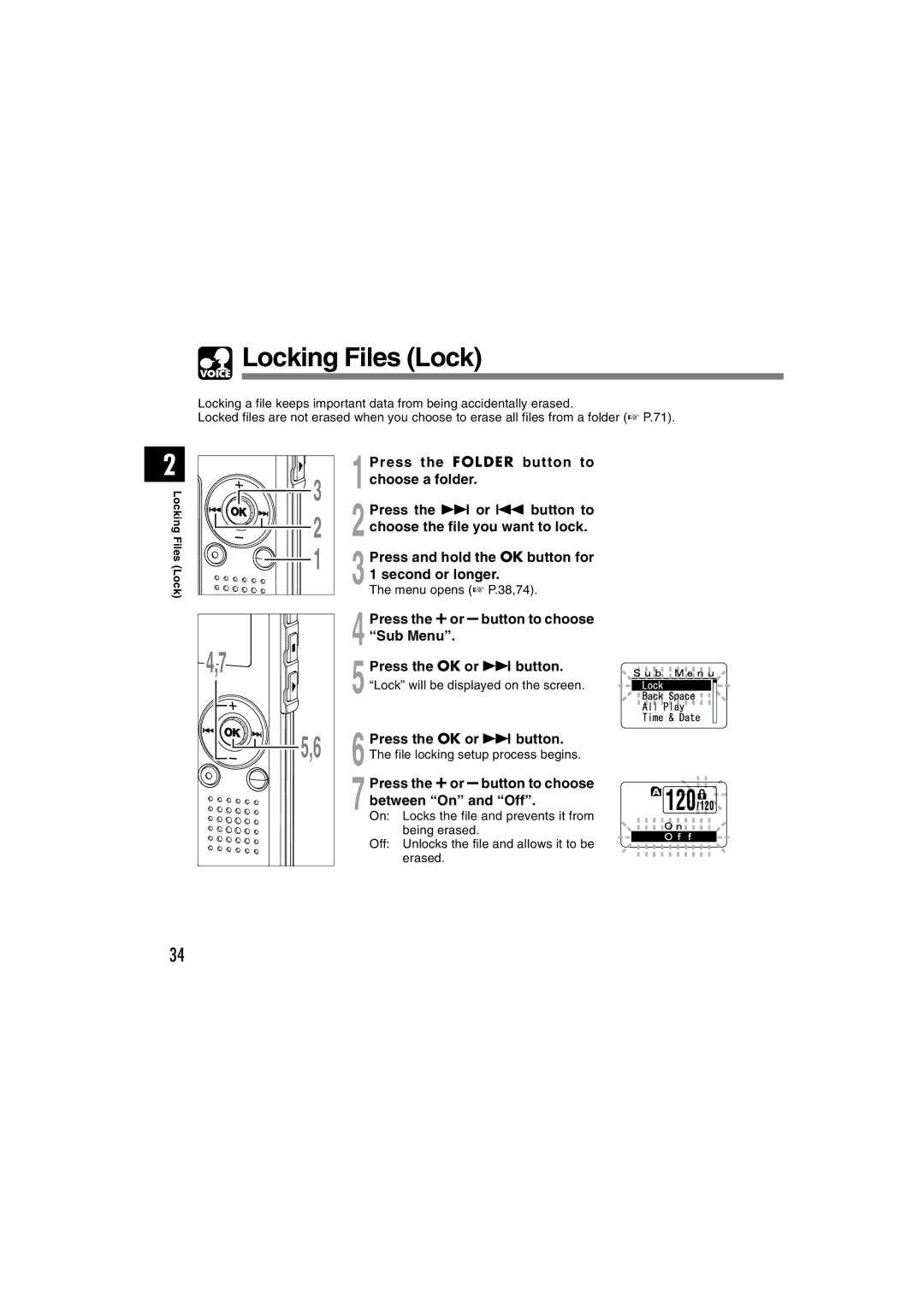 Olympus WS-300M, WS-320M, WS-310M manual Locking Files Lock, Press the + or button to choose Sub Menu 