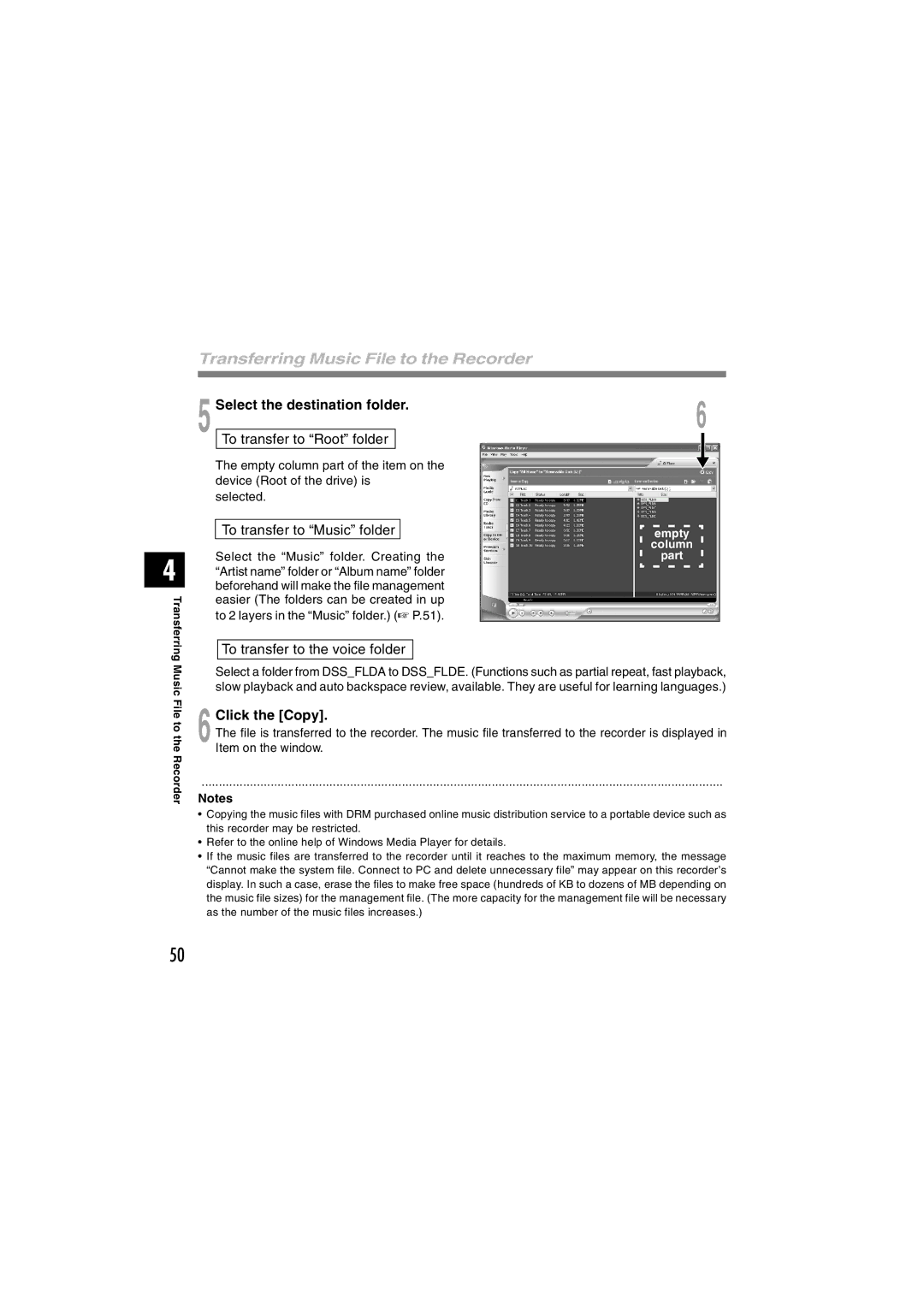 Olympus WS-310M, WS-320M, WS-300M Transferring Music File to the Recorder, Select the destination folder, Click the Copy 