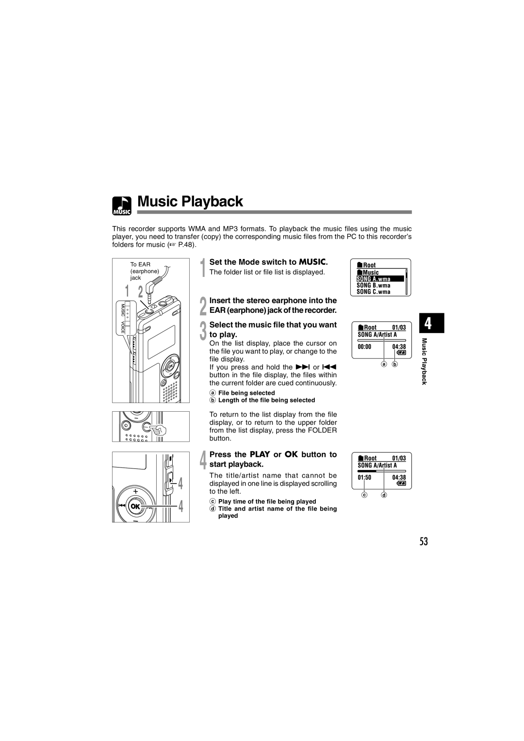 Olympus WS-310M, WS-320M manual Music Playback, Select the music file that you want to play, Press the Play or OK button to 