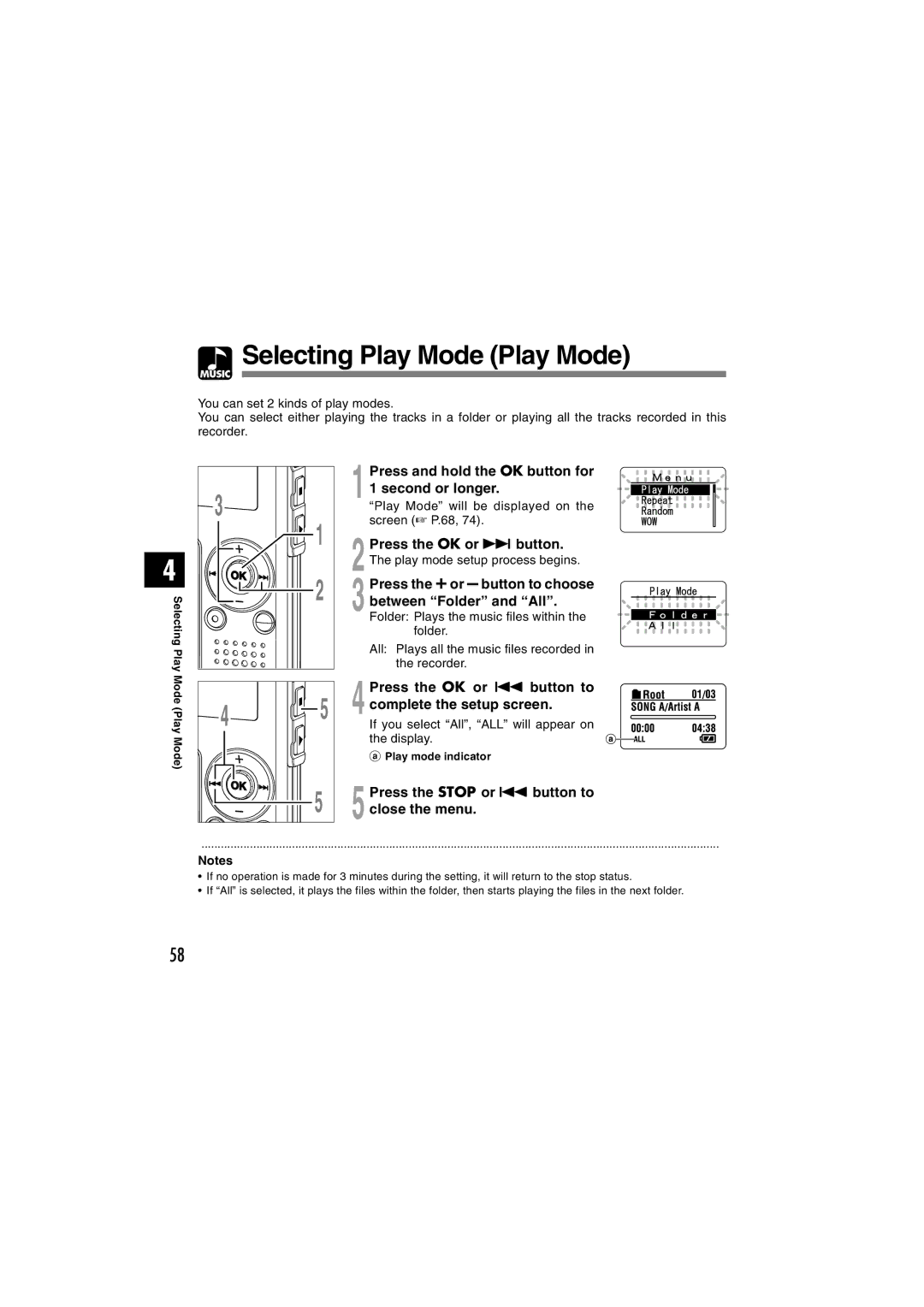 Olympus WS-300M, WS-320M, WS-310M Selecting Play Mode Play Mode, Press the + or button to choose between Folder and All 