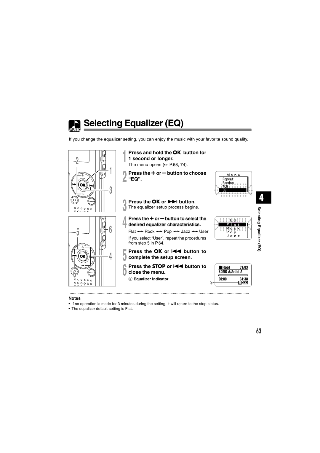 Olympus WS-320M, WS-300M Selecting Equalizer EQ, Press the + or button to choose, Flat Rock Pop Jazz User, From in P.64 