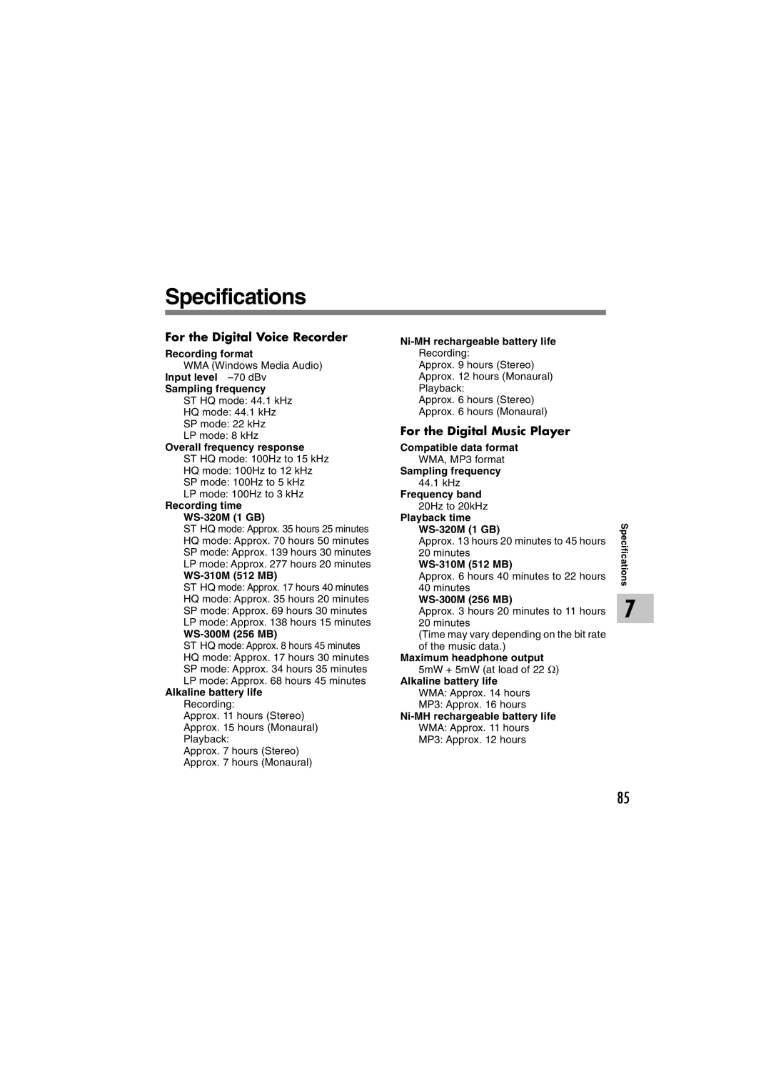 Olympus WS-300M, WS-320M, WS-310M manual Specifications 