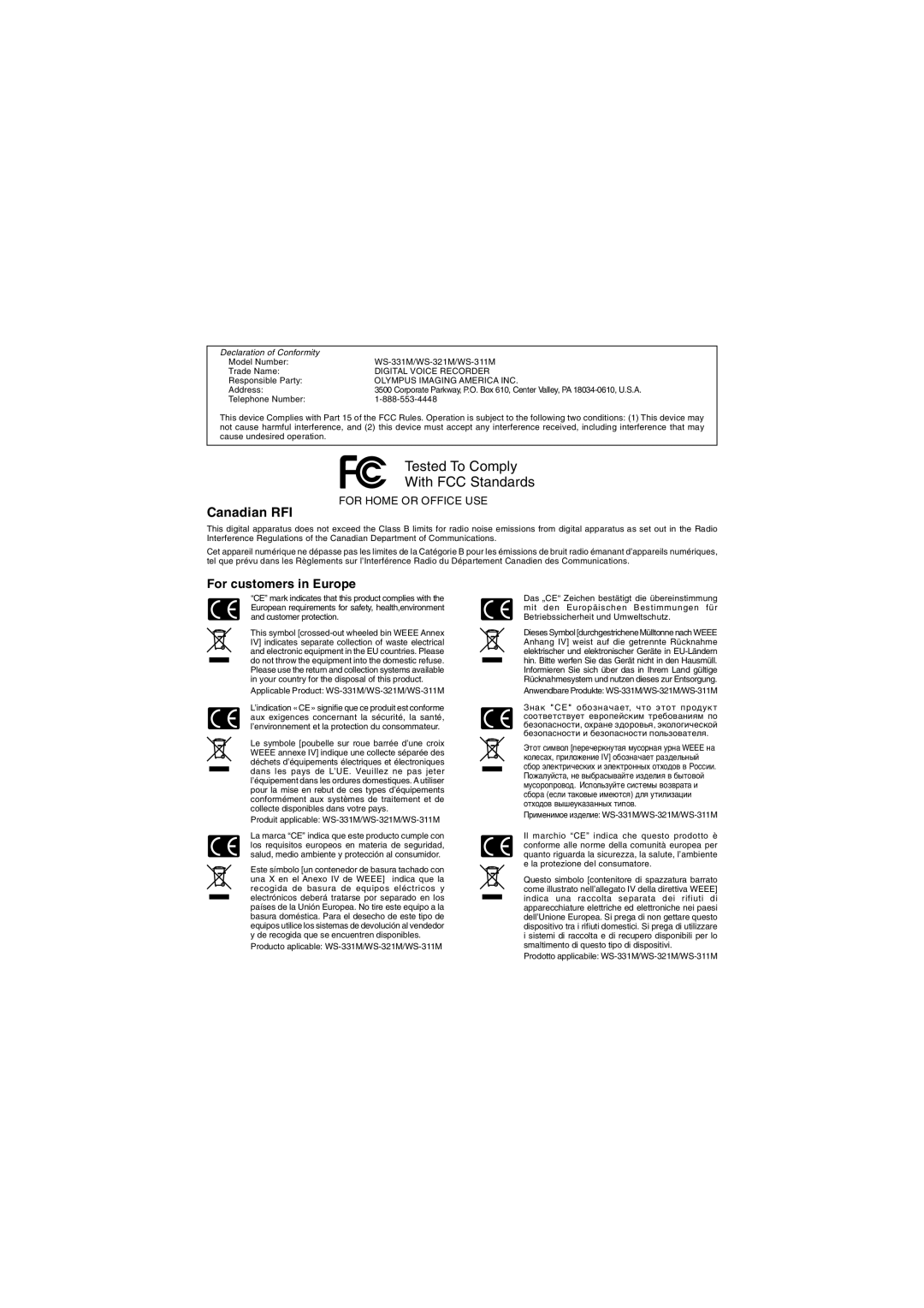 Olympus WS-311M, WS-331M, WS-321M manual Canadian RFI, For customers in Europe 