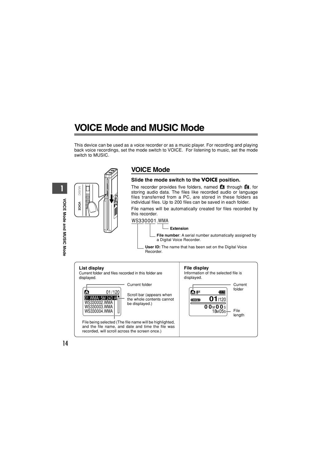 Olympus WS-311M manual Voice Mode and Music Mode, Slide the mode switch to the Voice position, List display, File display 