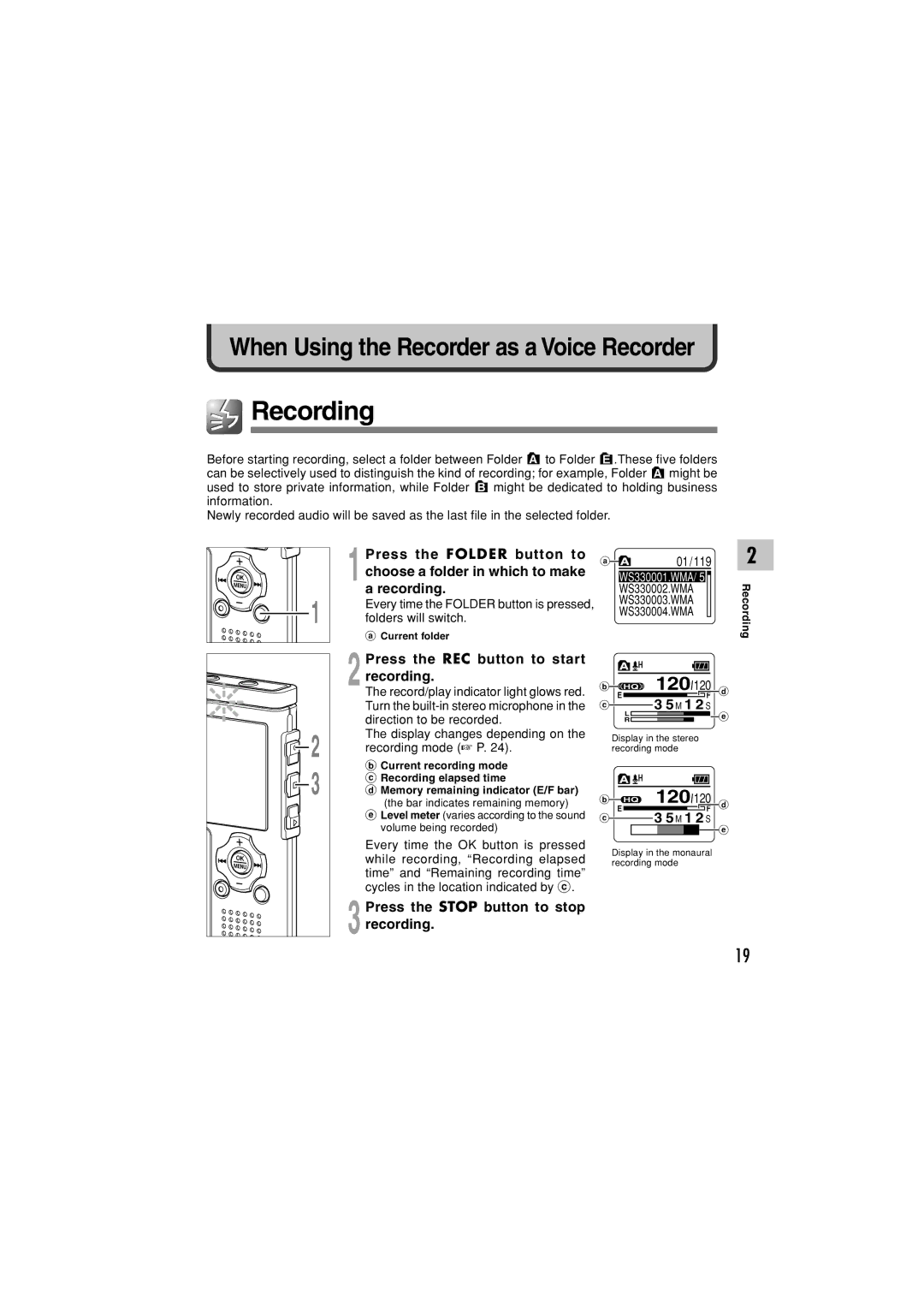 Olympus WS-321M manual Recording, 120, 2Press the REC button to start recording, 3Press the Stop button to stop recording 