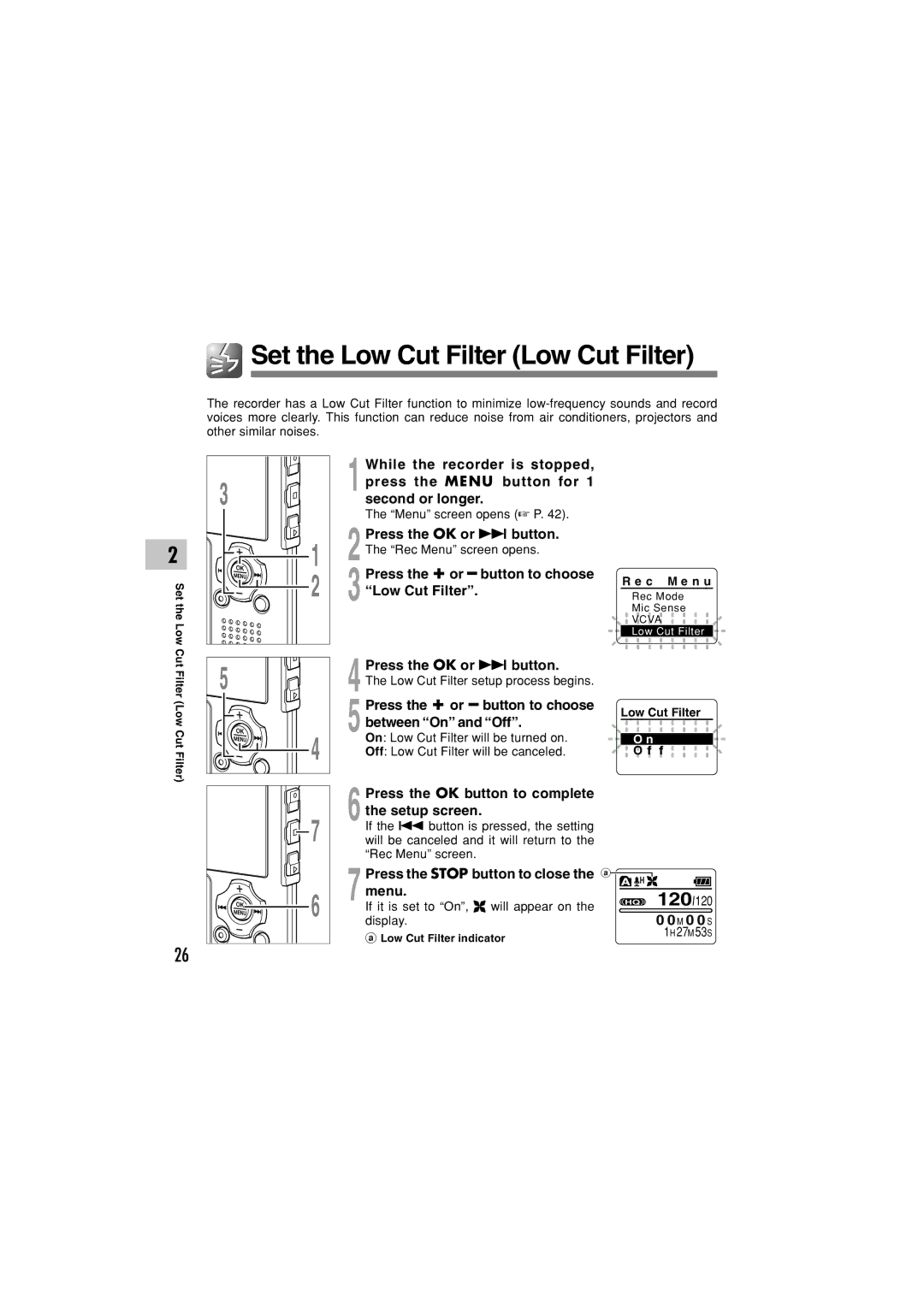 Olympus WS-311M, WS-331M, WS-321M Set the Low Cut Filter Low Cut Filter, 3Press the + or button to choose Low Cut Filter 