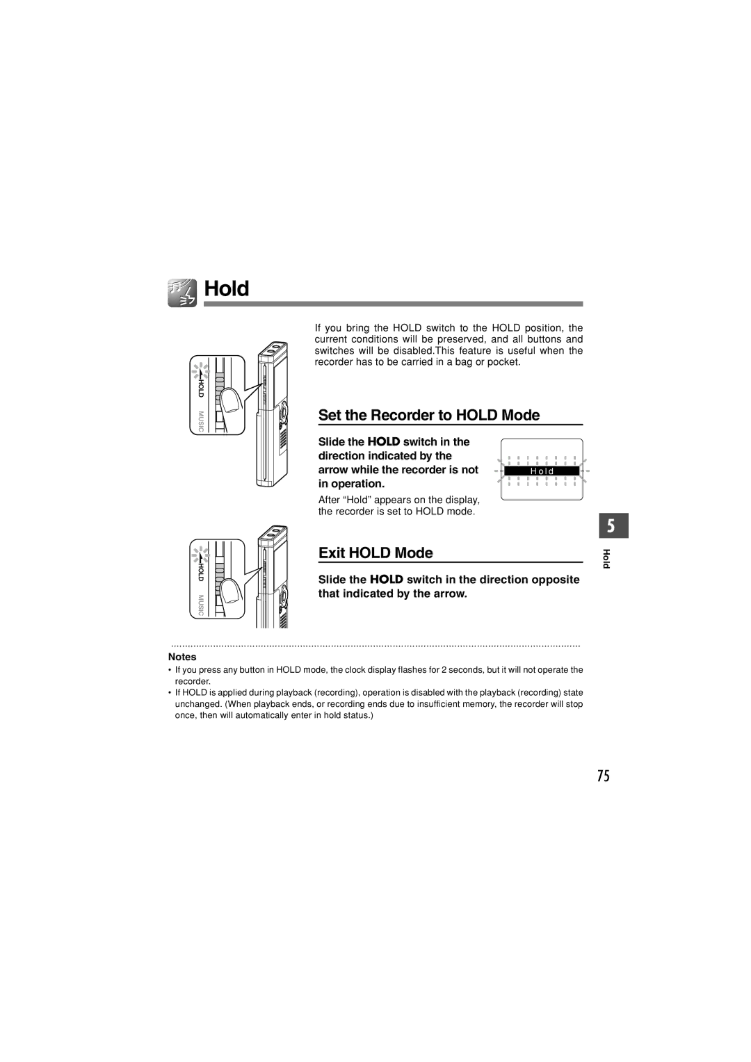 Olympus WS-331M, WS-321M, WS-311M manual Set the Recorder to Hold Mode, Exit Hold Mode 