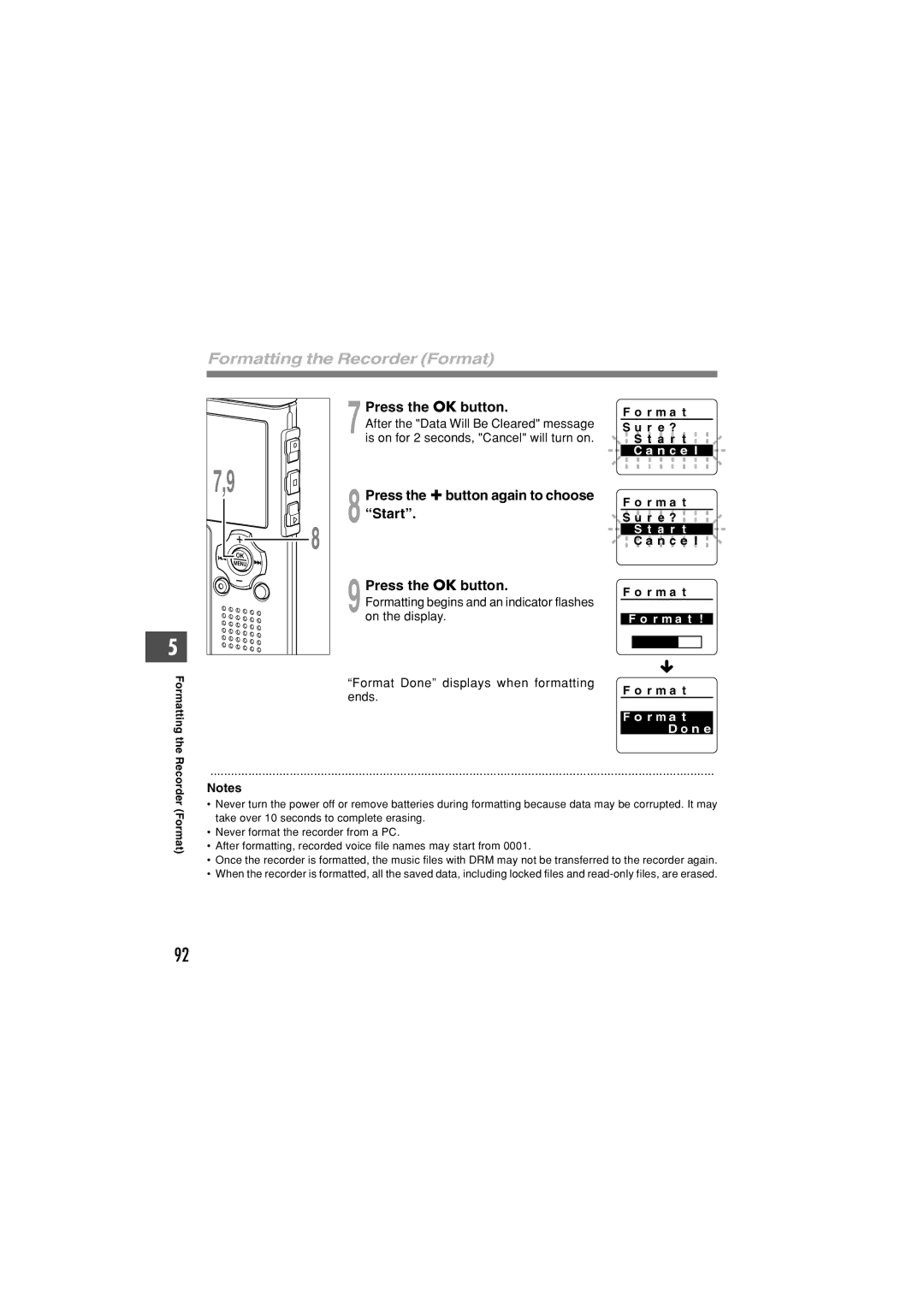 Olympus WS-311M, WS-331M Formatting the Recorder Format, 7Press the OK button, Format Done displays when formatting ends 