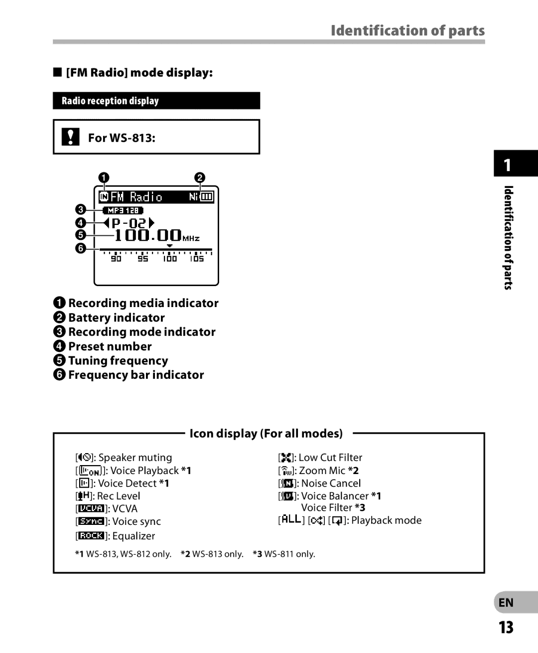 Olympus WS-811, WS-812 manual FM Radio mode display, For WS-813, Radio reception display 