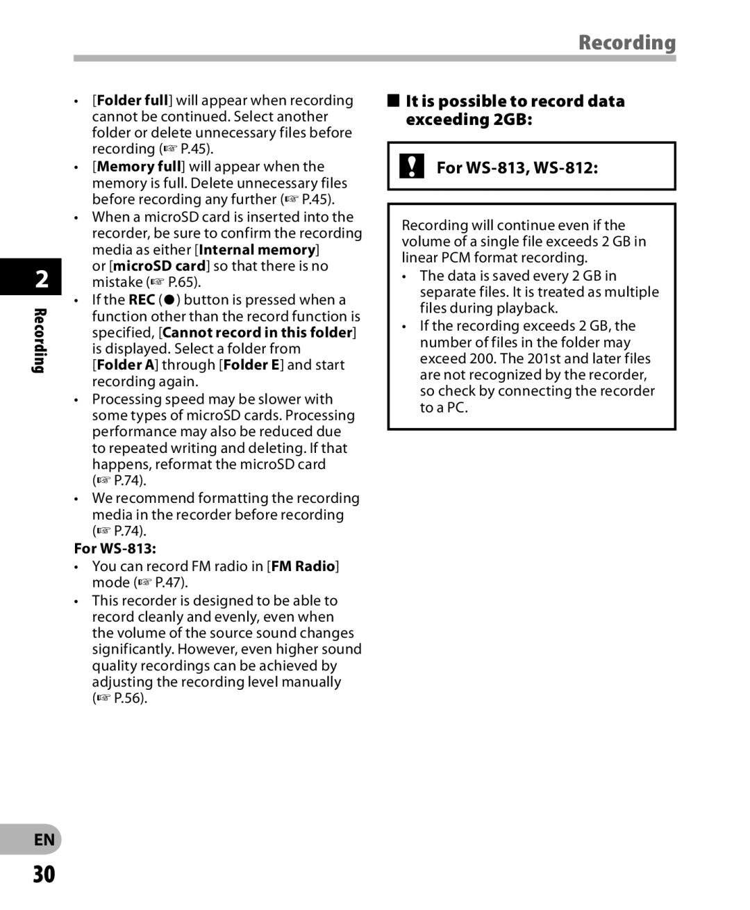 Olympus Recording, Specified, Cannot record in this folder, For WS-813, It is possible to record data exceeding 2GB 