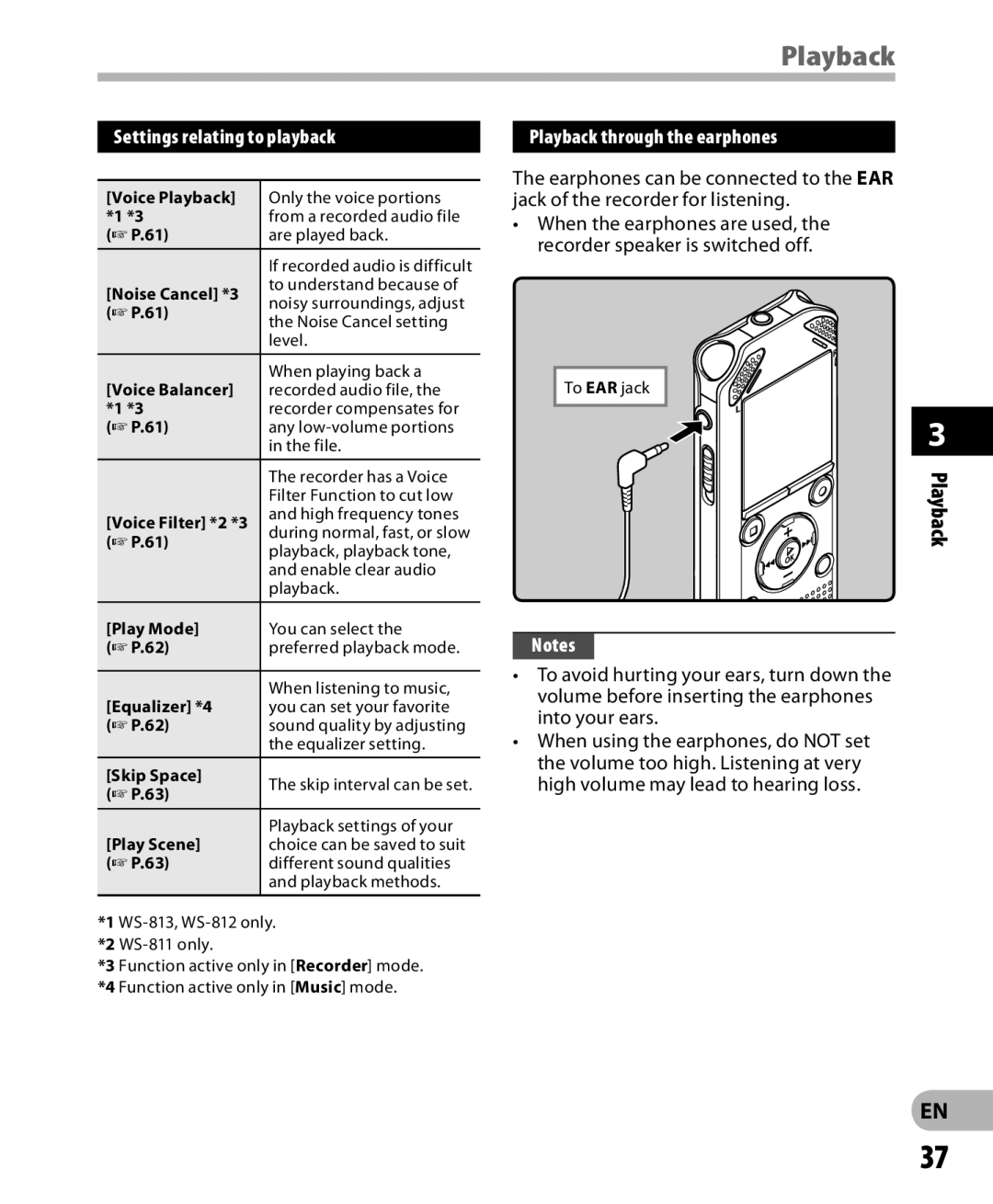 Olympus WS-811, WS-813, WS-812 manual Settings relating to playback, Playback through the earphones 