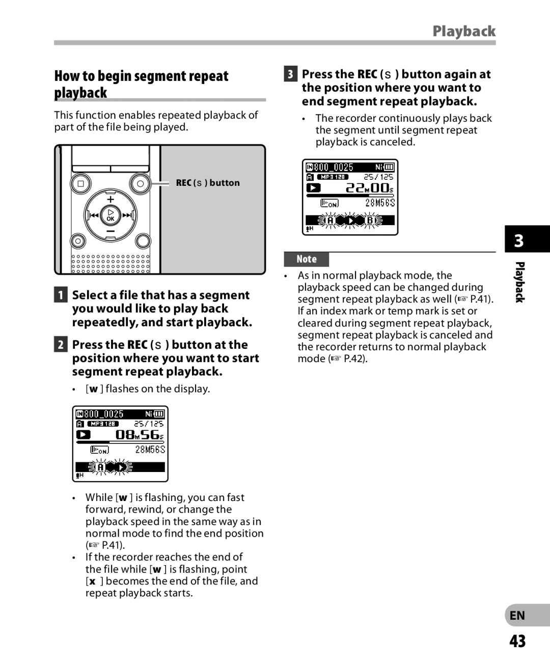 Olympus WS-811, WS-813, WS-812 manual How to begin segment repeat playback, Segment repeat playback 