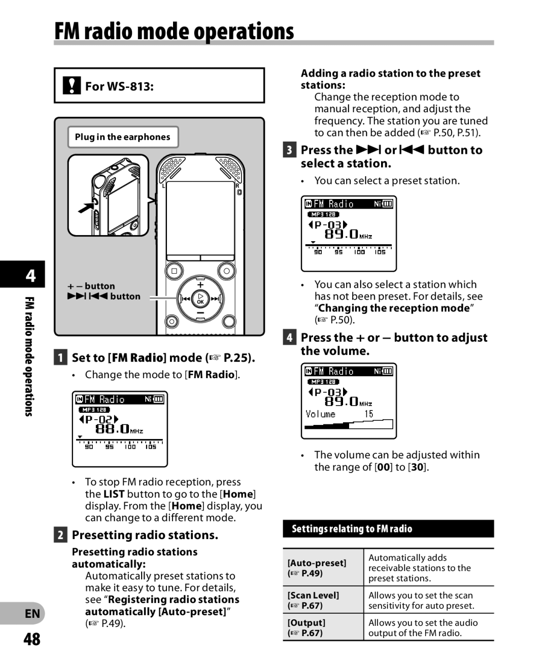 Olympus FM radio mode operations For WS-813, Presetting radio stations, Press the 9or 0button to select a station 