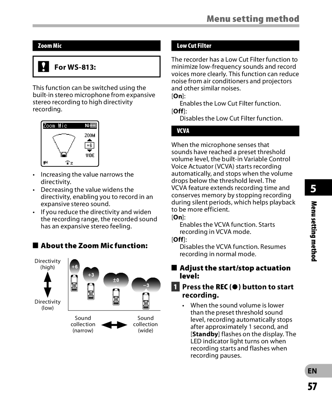 Olympus WS-813, WS-811, WS-812 manual About the Zoom Mic function, Low Cut Filter 