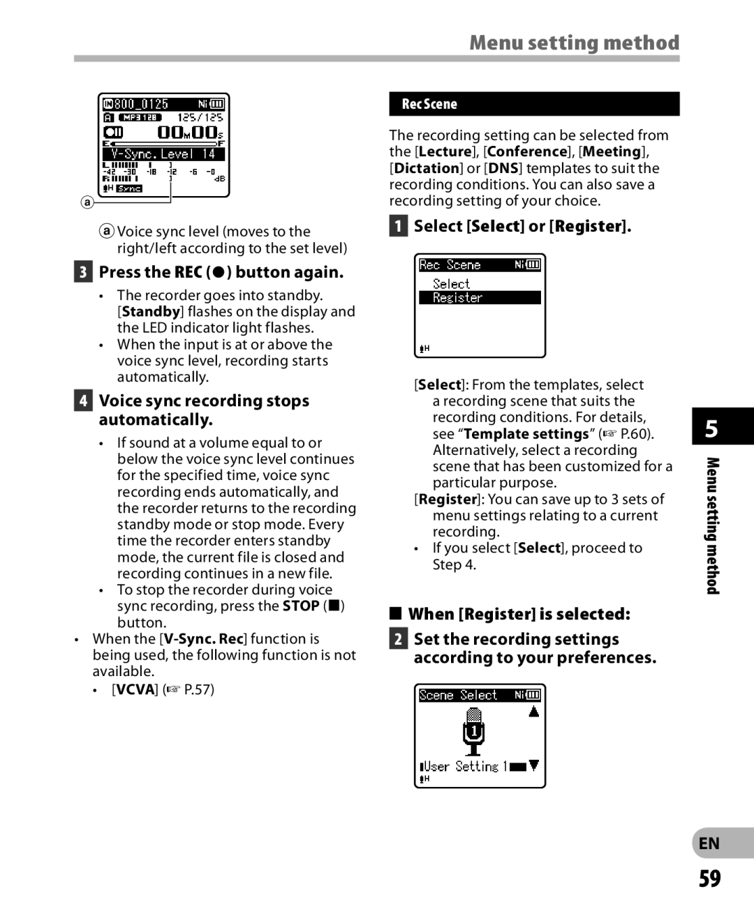 Olympus WS-812 Voice sync recording stops automatically, Select Select or Register, When Register is selected, Rec Scene 