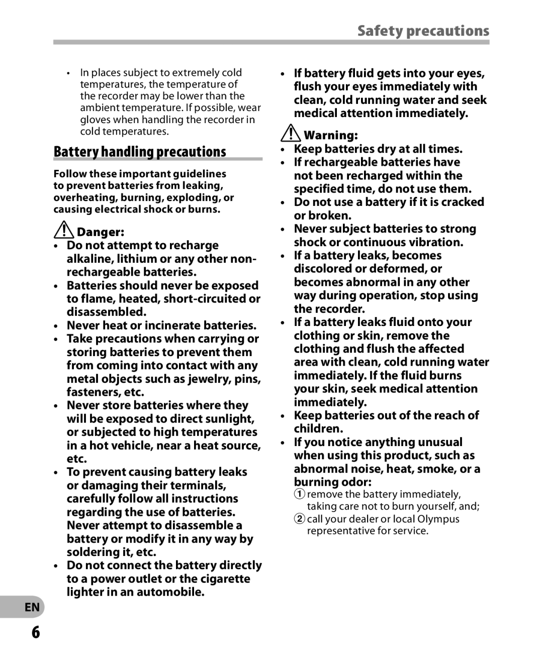 Olympus WS-813, WS-811, WS-812 manual Battery handling precautions, Keep batteries dry at all times 