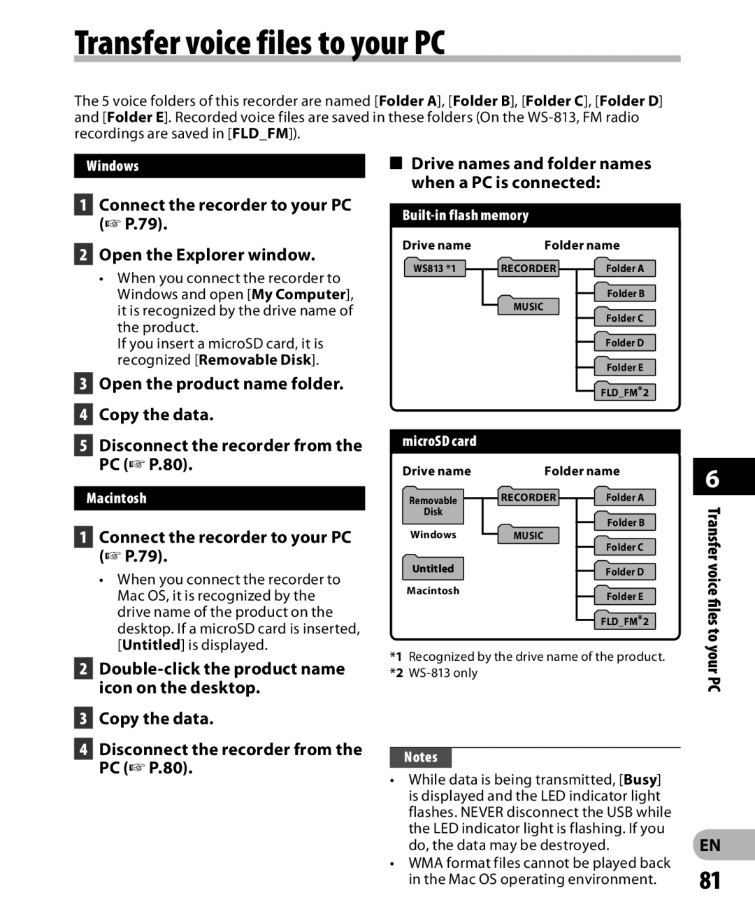 Olympus WS-813, WS-811, WS-812 manual Transfer voice files to your PC 