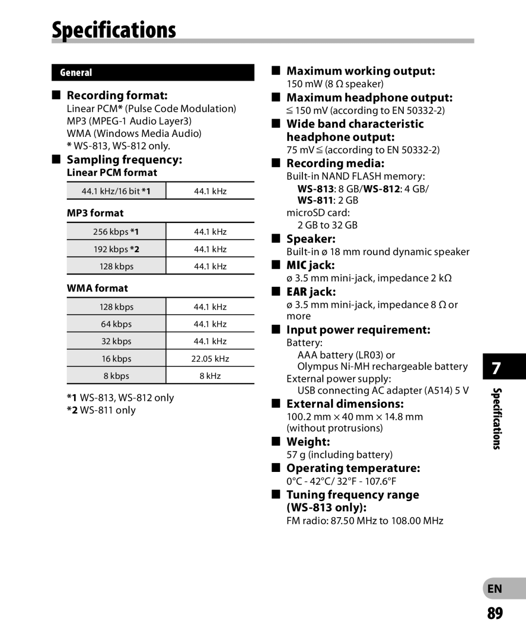 Olympus WS-812, WS-813, WS-811 manual Specifications 