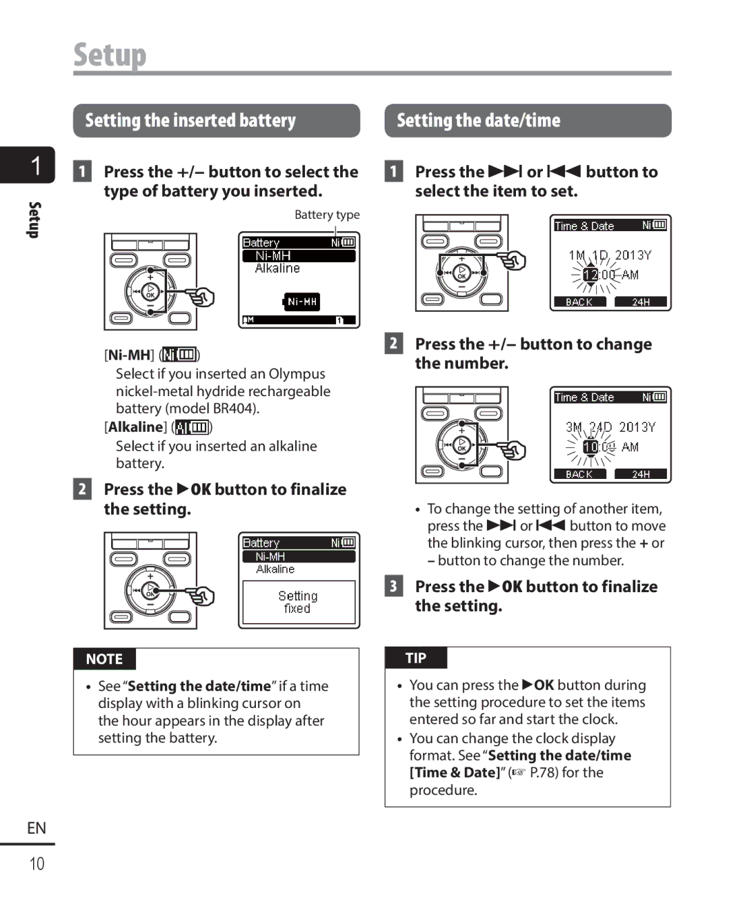 Olympus WS-821, WS-823, WS-822 Setting the inserted battery, Press the `OK button to finalize the setting, Alkaline 