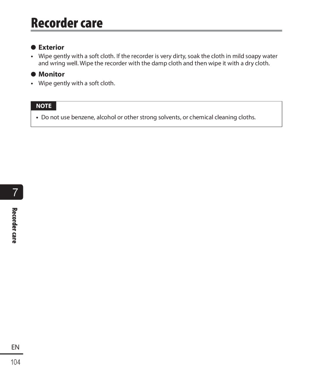 Olympus WS-822, WS-823, WS-821 user manual Recorder care, Exterior, Monitor 