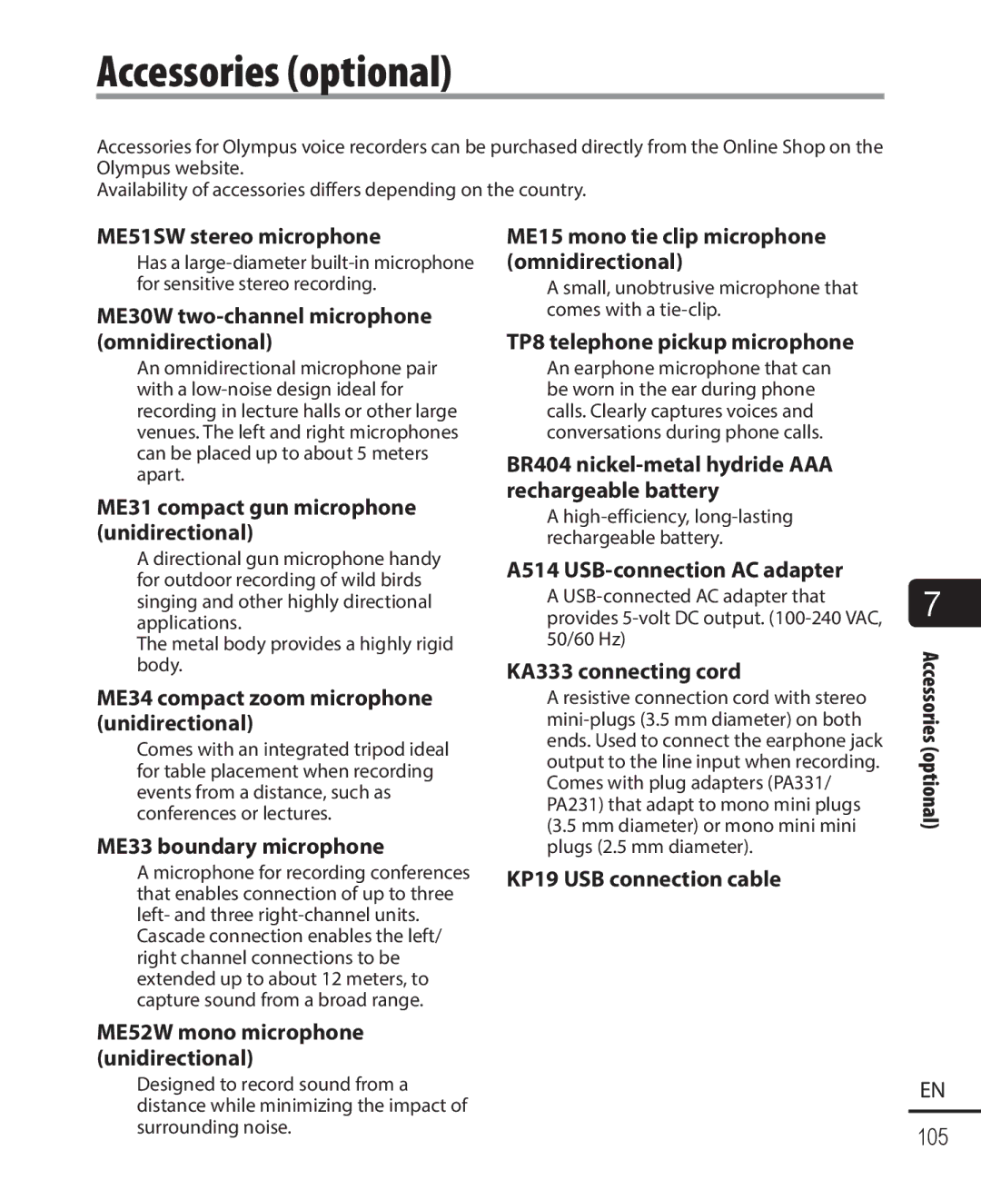 Olympus WS-823, WS-821, WS-822 user manual Accessories optional 