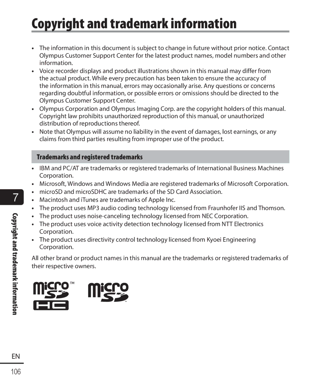 Olympus WS-821, WS-823, WS-822 user manual Copyright and trademark information, Trademarks and registered trademarks 